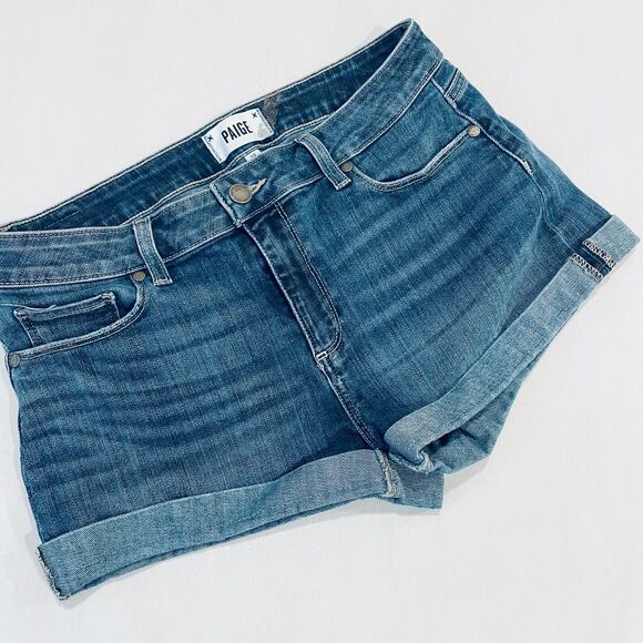 ~ PAIGE 28 Jean Shorts** Jimmy Jimmy Rolled Hem Zip Button Pockets Mid-Rise - Picture 3 of 16